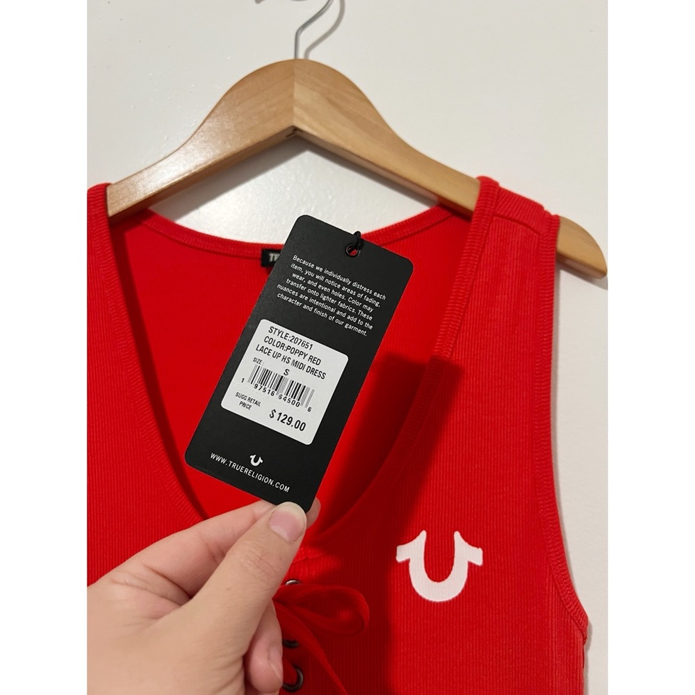 True Religion Red Horseshoe Logo Lace Up Midi Dress Size Small - Picture 3 of 8